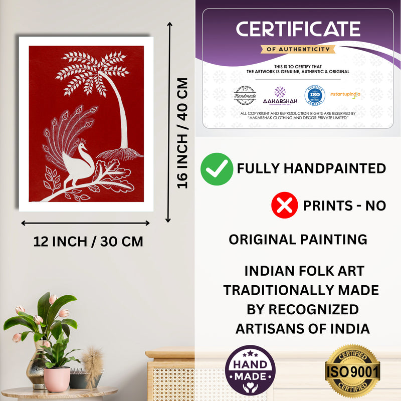 Framed artwork with dimensions, authenticity certificate and handmade iso certified-peacock warli painting