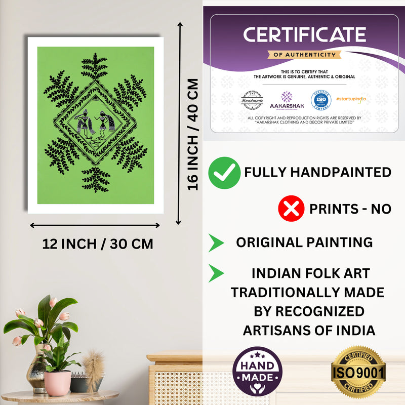 Framed artwork with dimensions, authenticity certificate and handmade iso certified-radha krishna warli painting