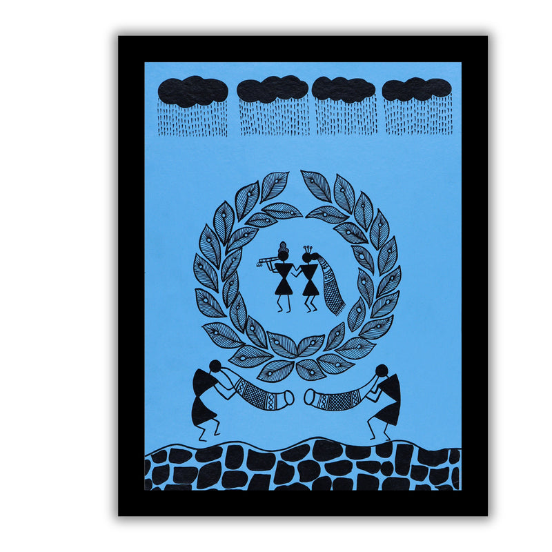 black radha krishna design on a blue background with handmade warli painting