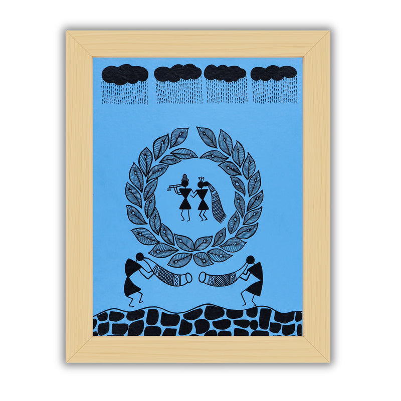 black radha krishna design on a blue background with handmade warli painting