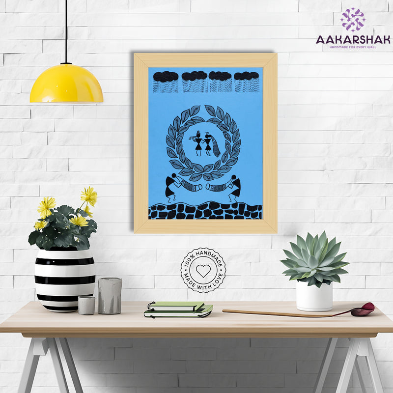 Framed artwork with white radha krishna design on a blue background-handmade warli painting for home