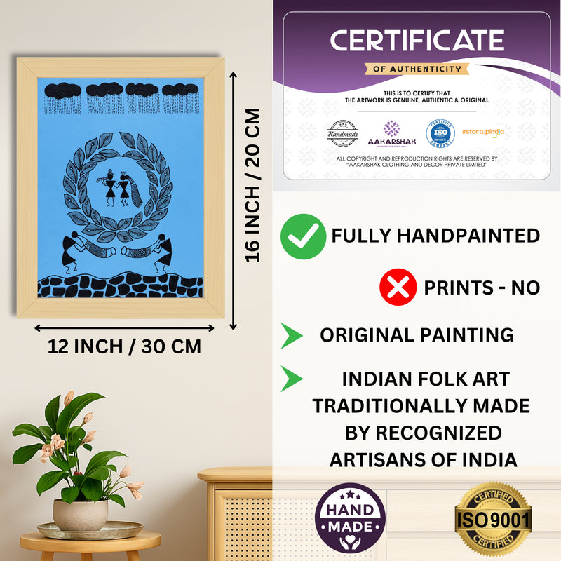 Framed artwork with dimensions, authenticity certificate and handmade iso certified-radha krishna warli painting