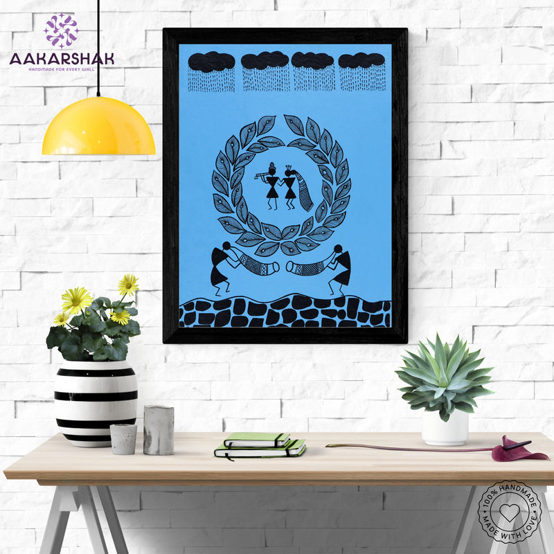 Framed artwork with white radha krishna design on a blue background-handmade warli painting for home decor