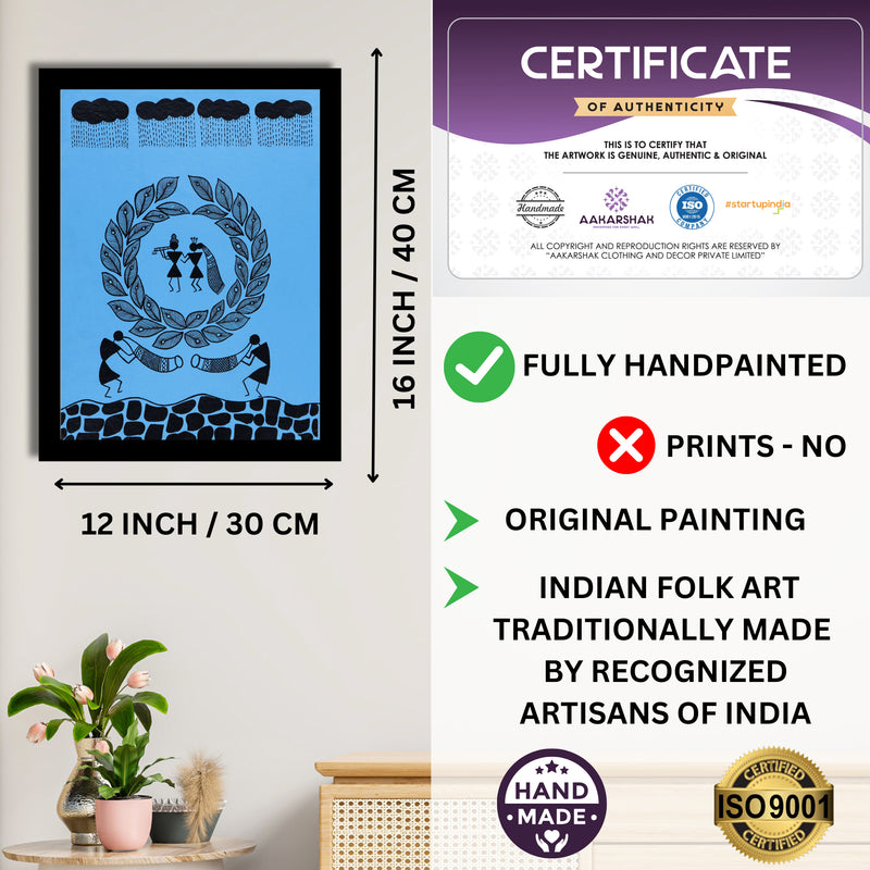 Framed artwork with dimensions, authenticity certificate and handmade iso certified-radha krishna warli painting