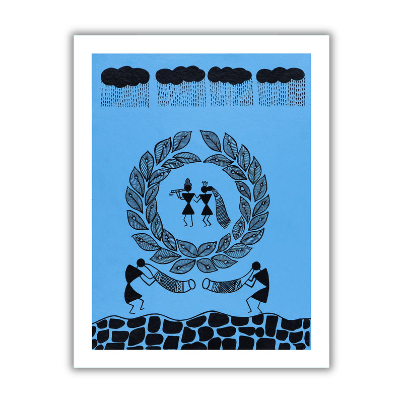 black radha krishna design on a blue background with handmade warli painting
