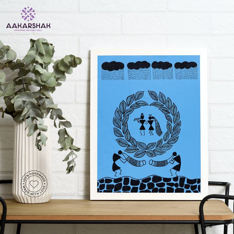 Framed artwork with white radha krishna design on a blue background-handmade warli painting for home