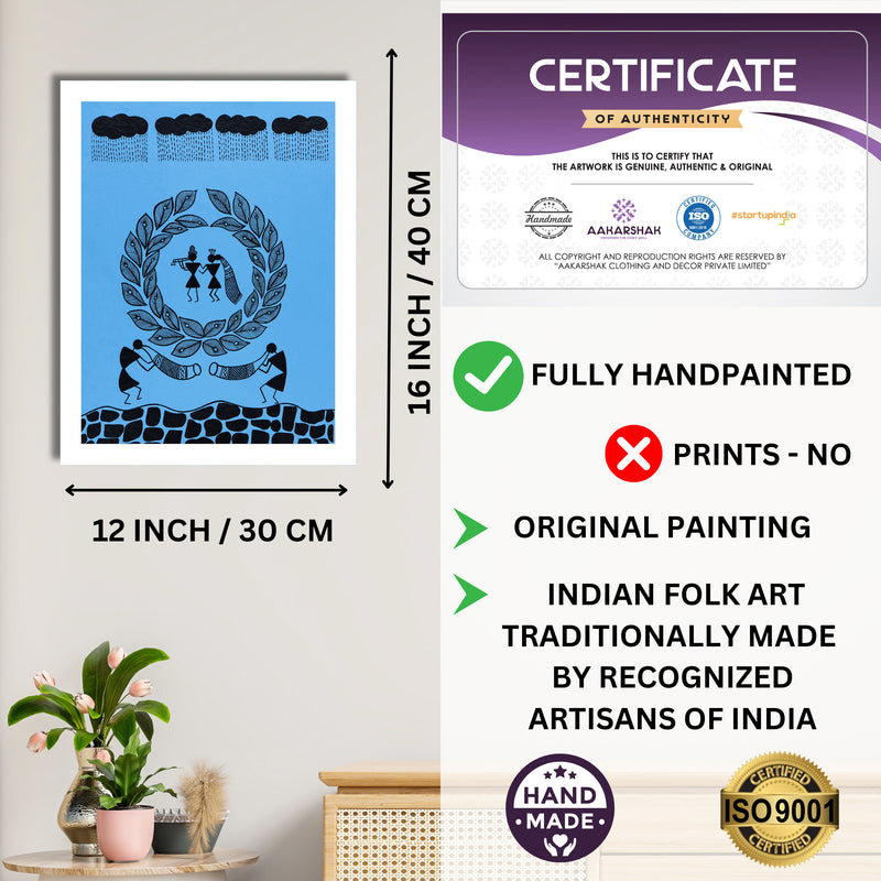 Framed artwork with dimensions, authenticity certificate and handmade iso certified-radha krishna warli painting