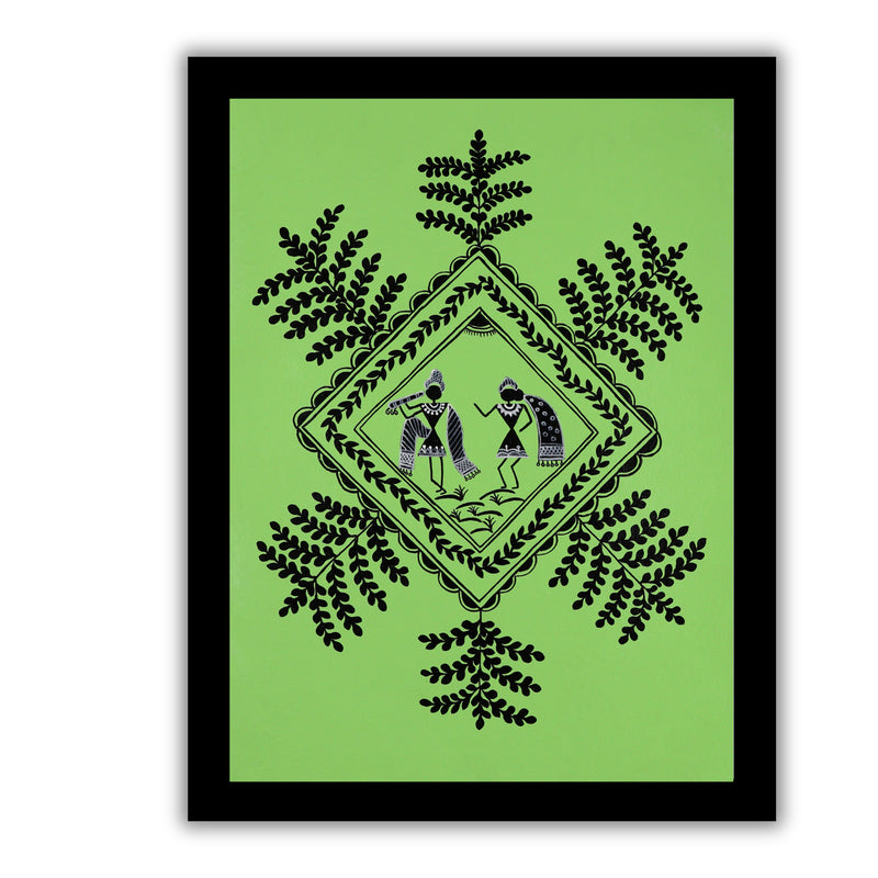 black radha krishna design on a light green background with handmade warli painting