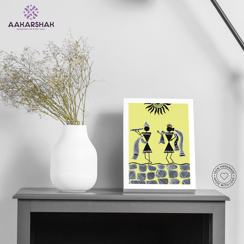 Handmade warli radha-krishna painting-with tabletop stand for home