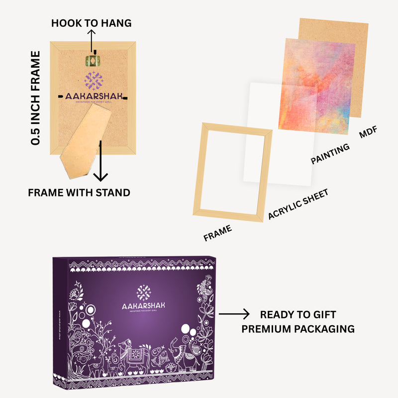 Diagram of Aaharshah product packaging and components including frames, acrylic sheet, and premium packaging box.