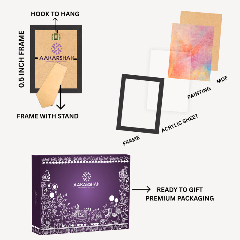 Diagram of Aaharshah product packaging and components including frames, acrylic sheet, and premium packaging box.