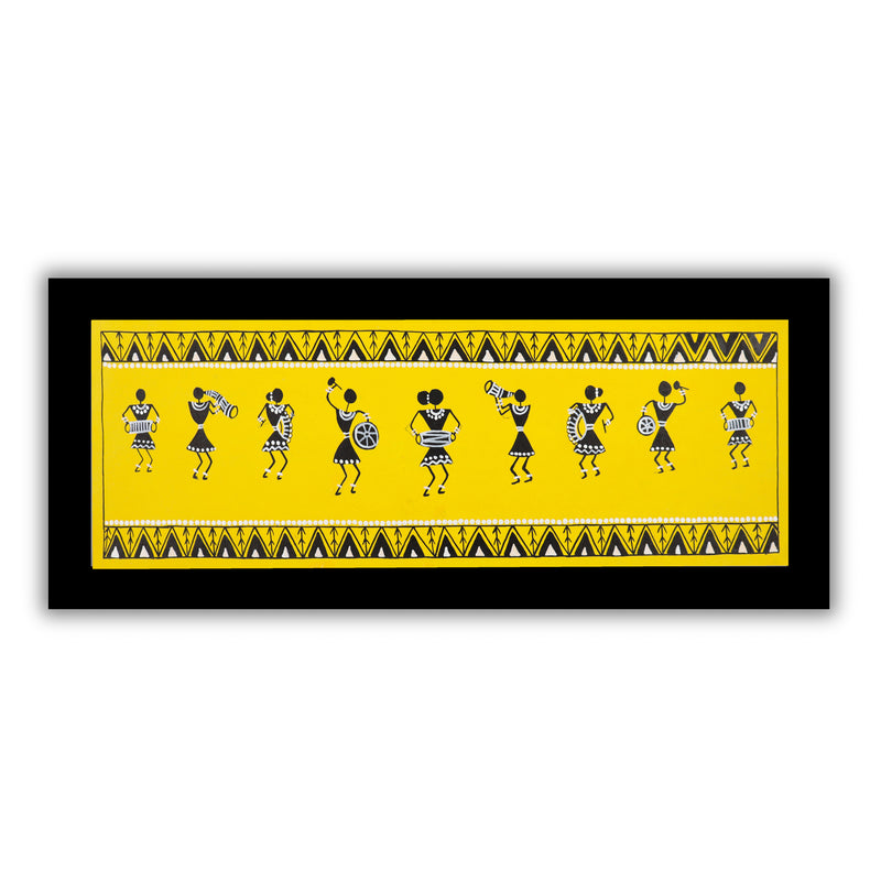 Framed artwork of a colorful singing-with handmade warli painting