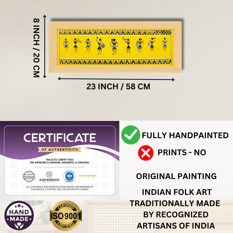 Framed artwork with dimensions, authenticity certificate and handmade iso certified-singing warli painting