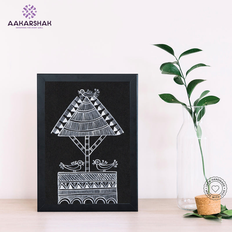 Framed black and white artwork of a tree painting-with tabletop stand for home decor
