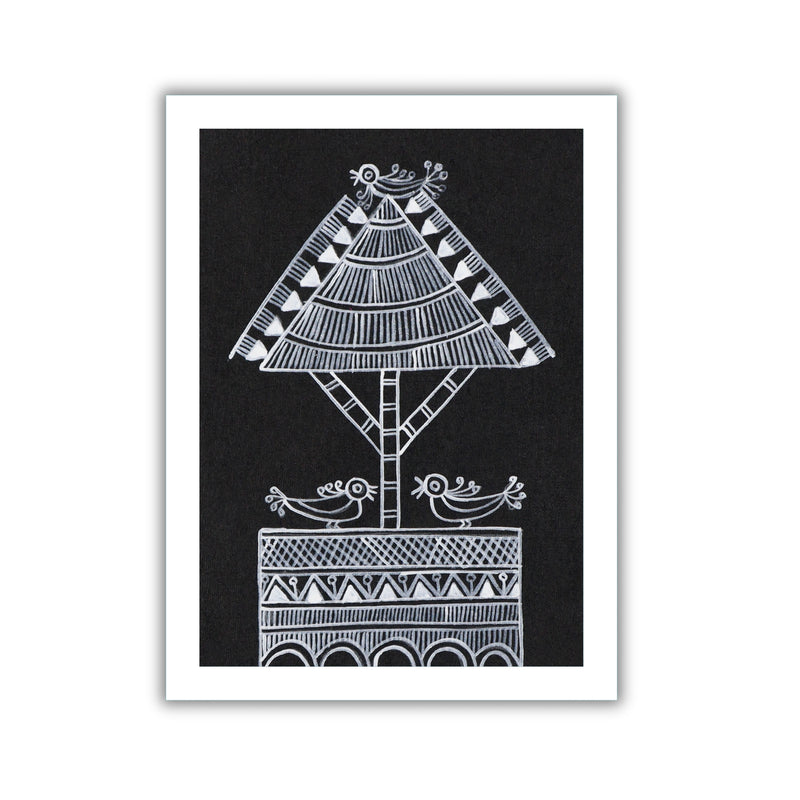 Framed tree artwork with a white geometric design on a black background