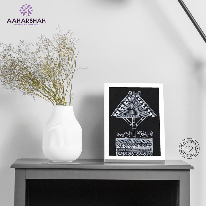 Handmade warli peacock painting-with tabletop stand for home decor