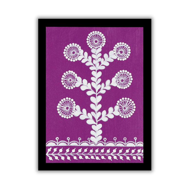 Framed artwork with white tree warli painting on a purple background