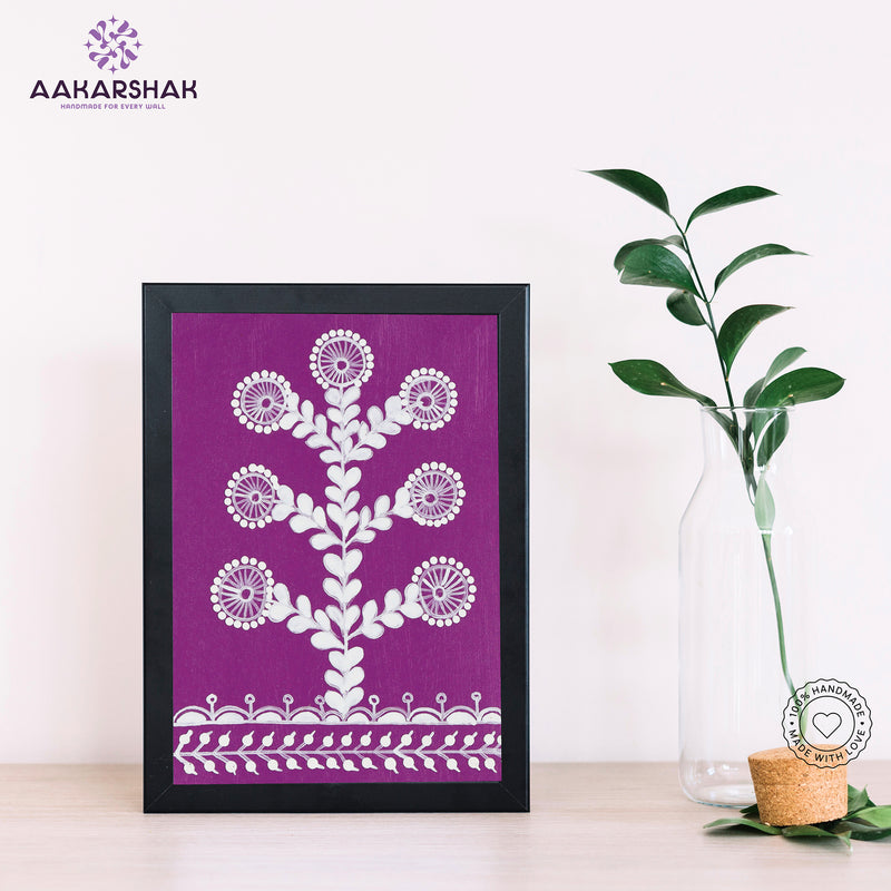 Handmade warli tree painting-with tabletop stand for home decor