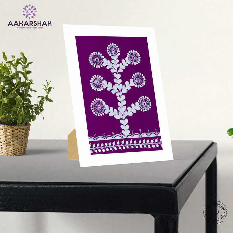 Decorative handmade with white warli design on purple background, vibrant handmade tree painting