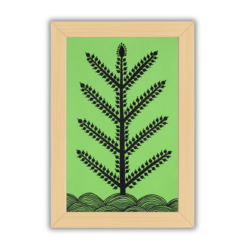Black tree design on a green background with handmade warli painting tree