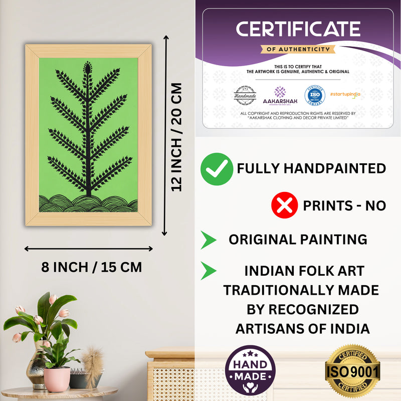 Framed artwork with dimensions, authenticity certificate and handmade iso certified-tree warli painting