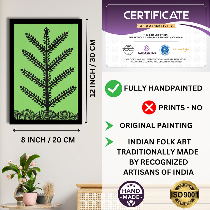 Framed artwork with dimensions, authenticity certificate and handmade iso certified-tree warli painting