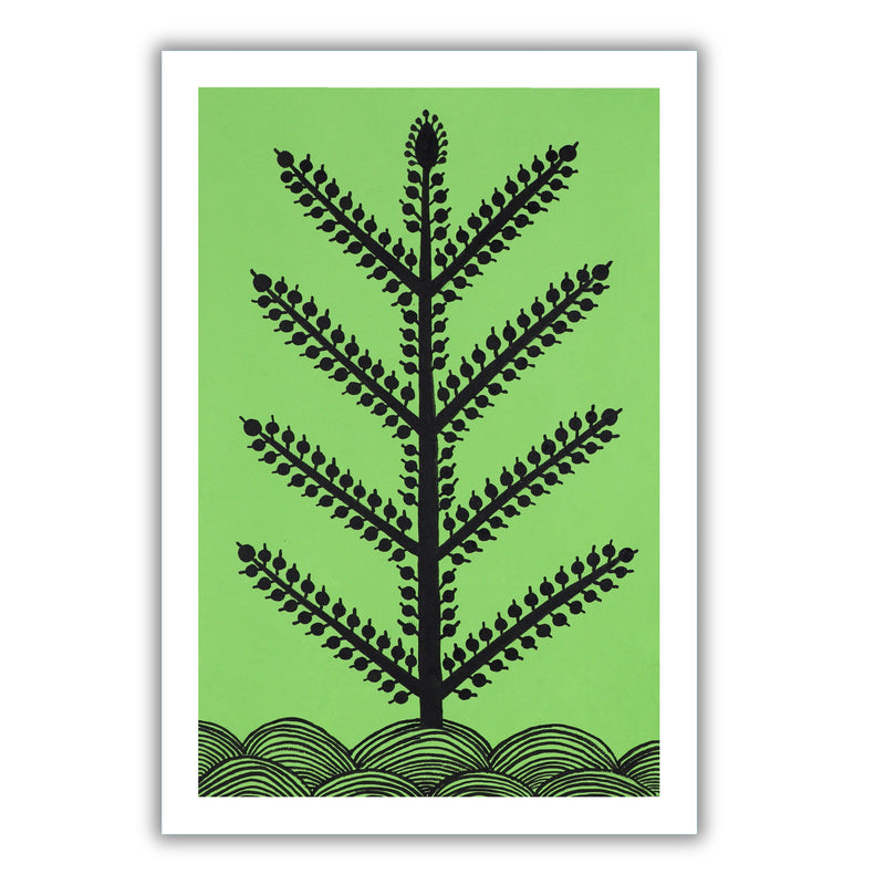 Black tree design on a green background with handmade warli painting tree