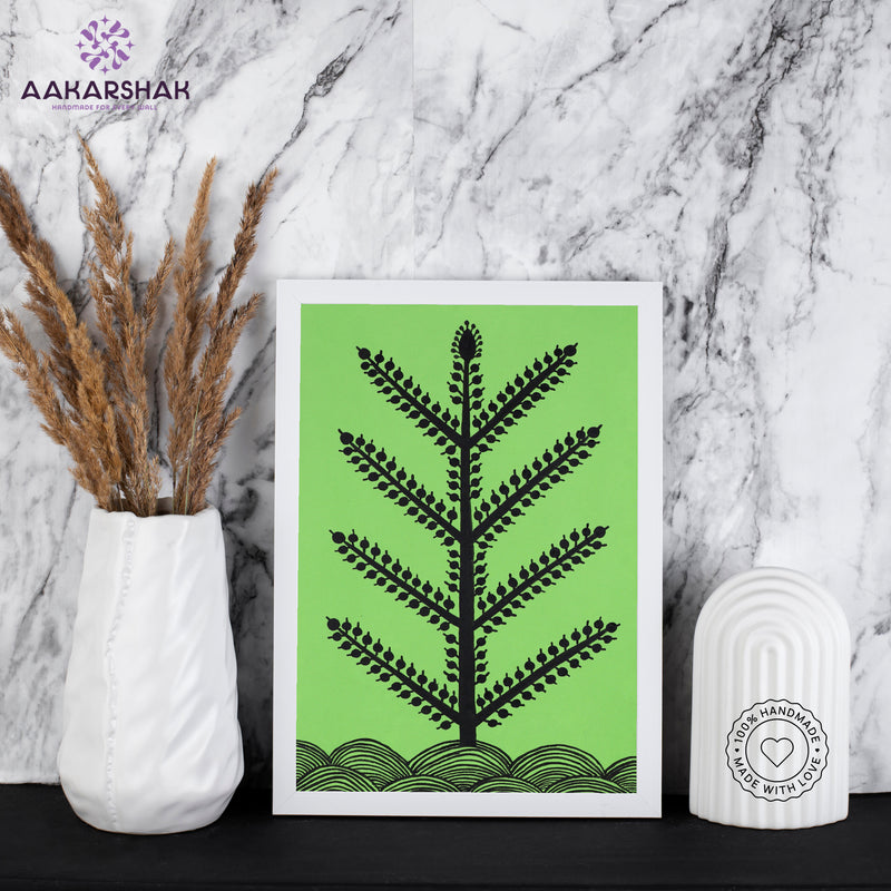 Framed artwork with black tree design on a green background-handmade warli tree painting-with tabletop stand for home decor