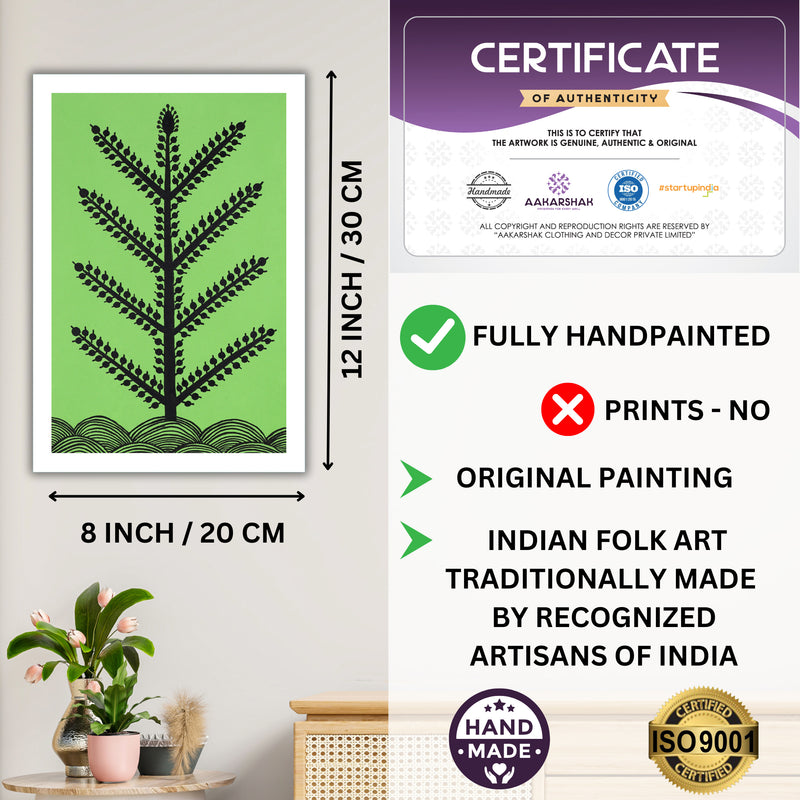 Framed artwork with dimensions, authenticity certificate and handmade iso certified-tree warli painting
