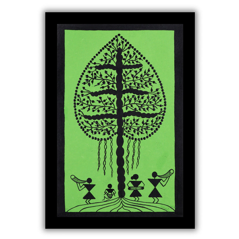 Black tree design on a green background with handmade warli painting tree