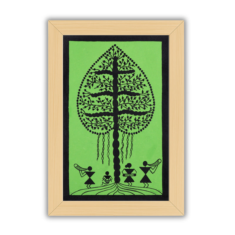 Black tree design on a green background with handmade warli painting tree