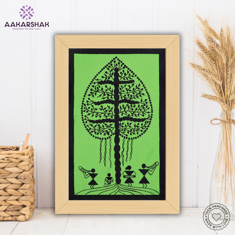 Framed artwork with black tree design on a green background-Handmade warli tree painting-with tabletop stand for home decor