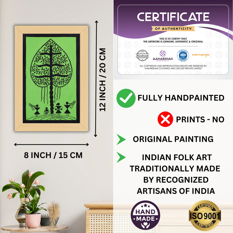 Framed artwork with dimensions, authenticity certificate and handmade iso certified-tree warli painting