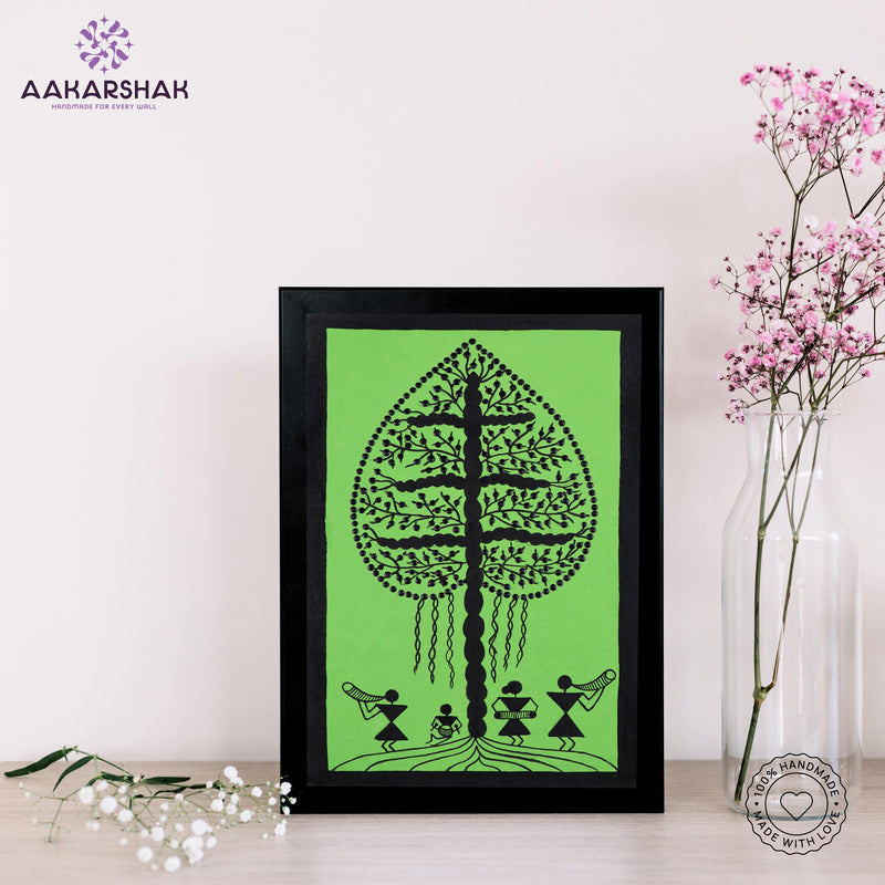 Framed artwork with black tree design on a green background-Handmade warli tree painting-with tabletop stand for home decor