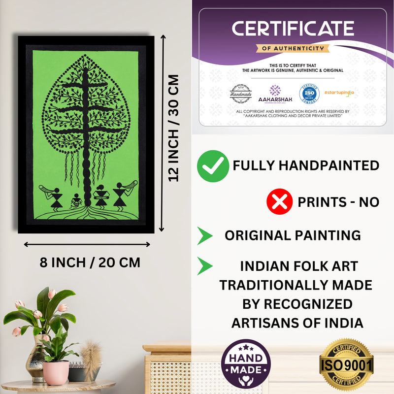 Framed artwork with dimensions, authenticity certificate and handmade iso certified-tree warli painting