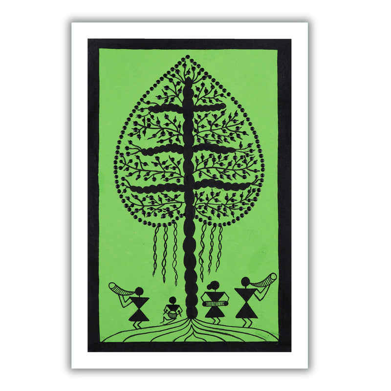 Black tree design on a green background with handmade warli painting tree