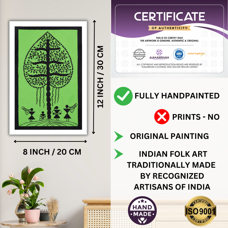 Framed artwork with dimensions, authenticity certificate and handmade iso certified-tree warli painting