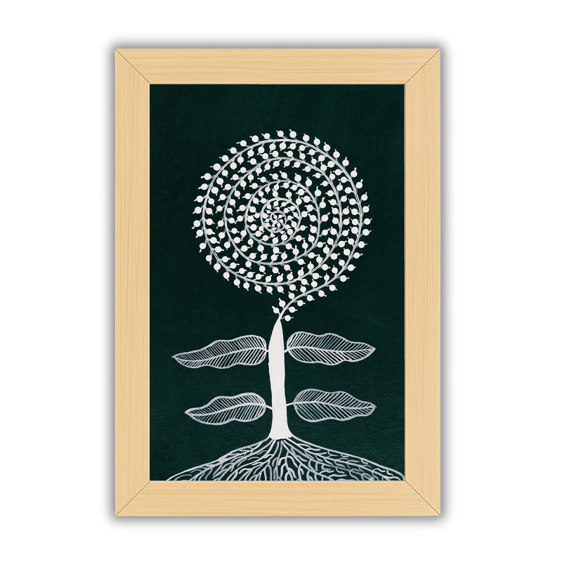white tree design on a dark green background with handmade warli painting tree