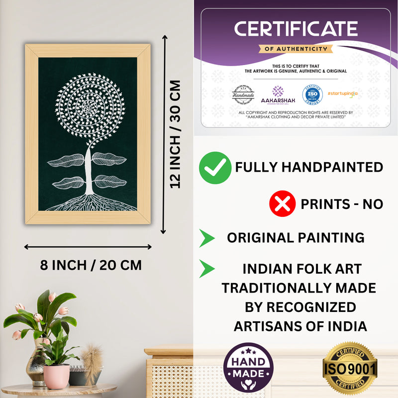 Framed artwork with dimensions, authenticity certificate and handmade iso certified-tree warli painting