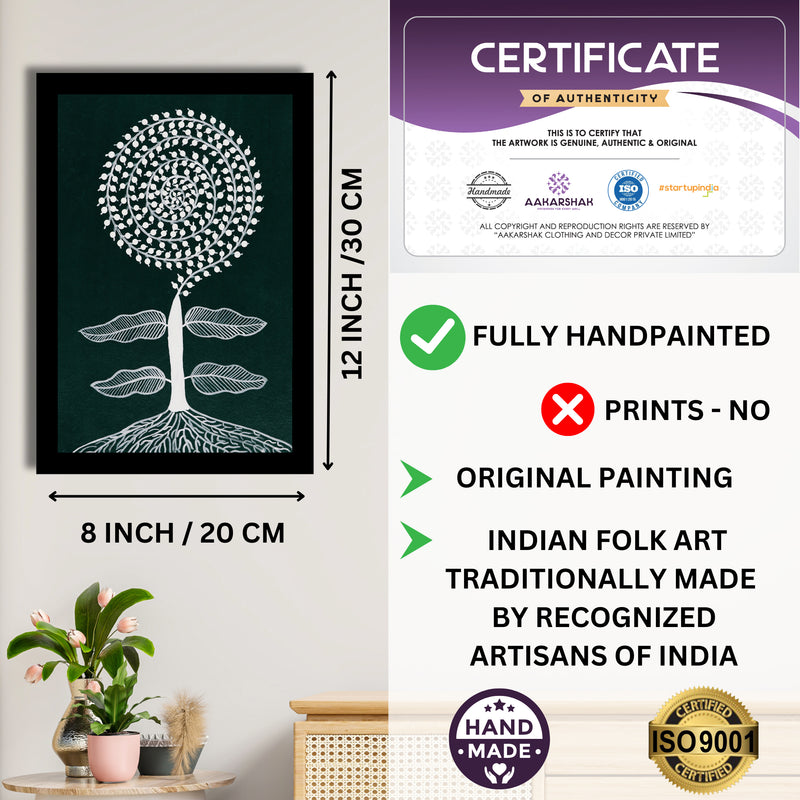 Framed artwork with dimensions, authenticity certificate and handmade iso certified-tree warli painting