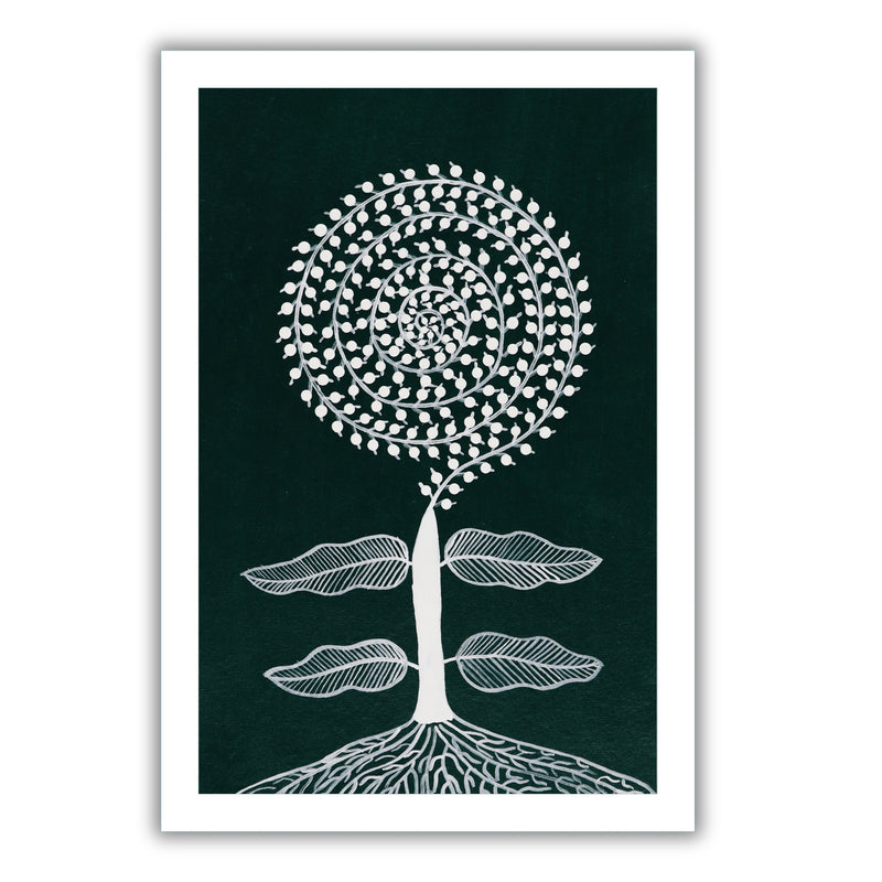 white tree design on a dark green background with handmade warli painting tree