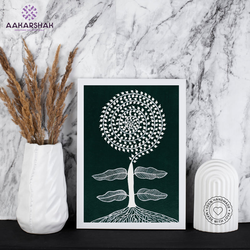 Framed artwork of a white tree design on a dark green background-handmade warli tree painting-with tabletop stand for home decor