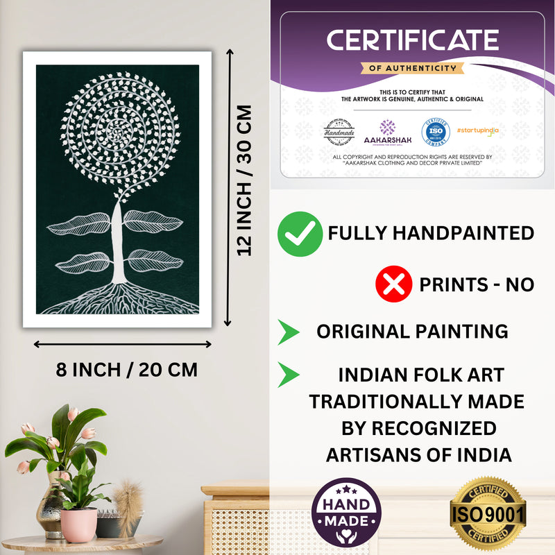 Framed artwork with dimensions, authenticity certificate and handmade iso certified-tree warli painting