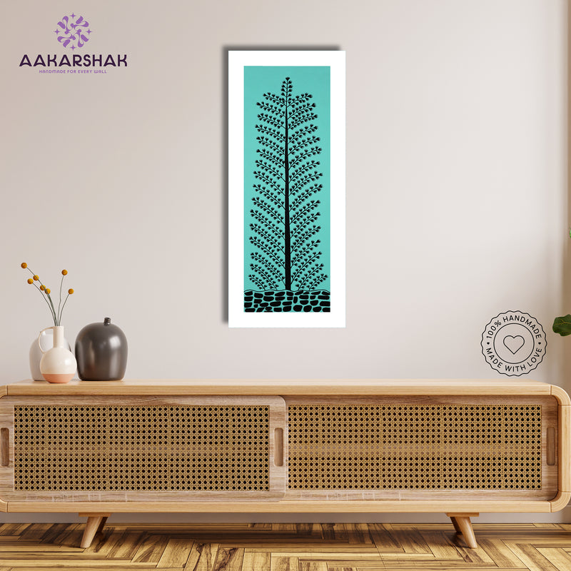 Framed artwork of a colorful tree of life -with handmade warli painting