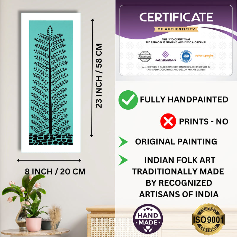 Handmade Warli Tree of life Painting 8x23 Inch Framed Tribal Art