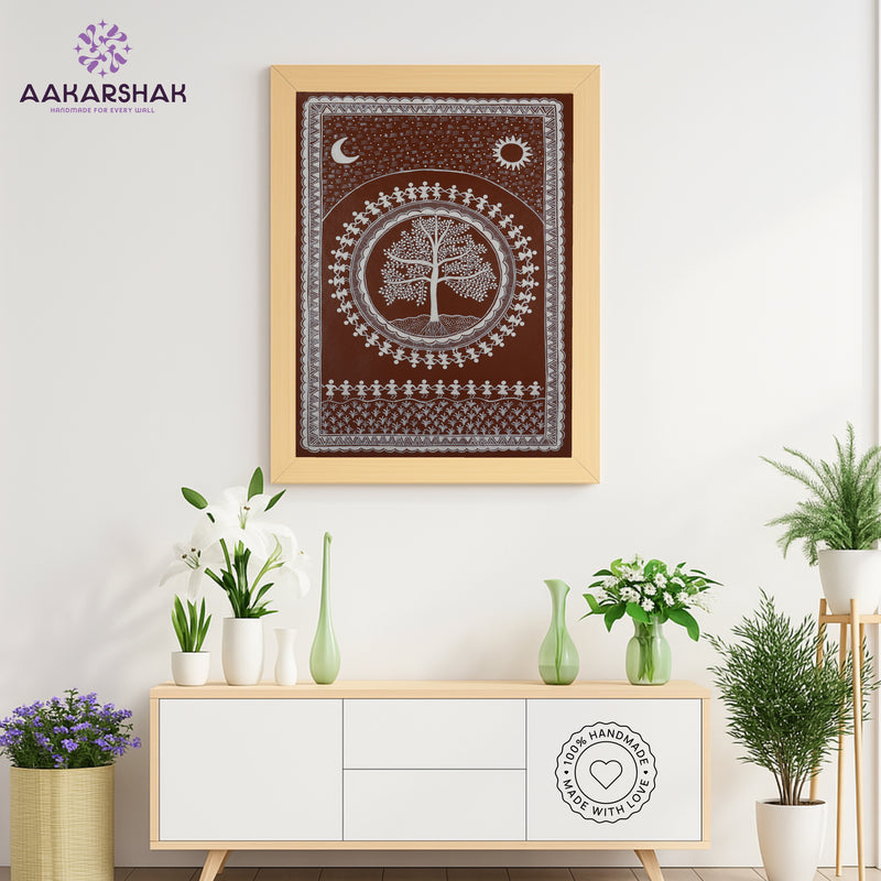 Framed artwork with tree of life design -handmade warli painting for home decor