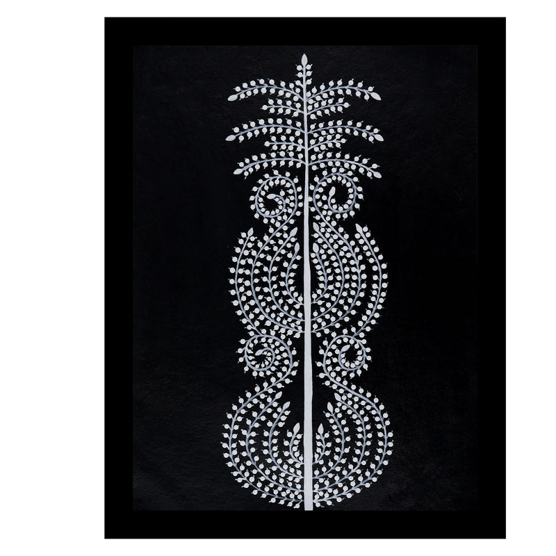 white tree of life design on a black background with handmade warli painting