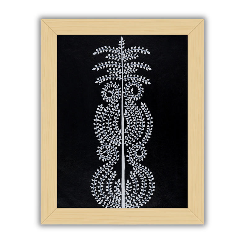white tree of life design on a black background with handmade warli painting