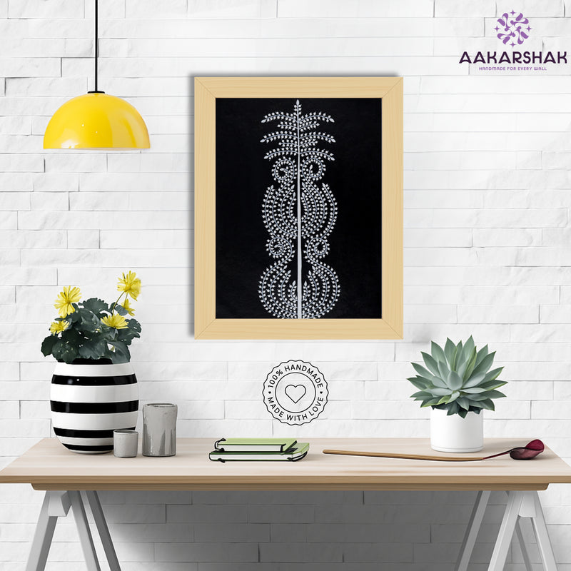 Framed artwork with white tree of life design on a black background-handmade warli painting for home decor