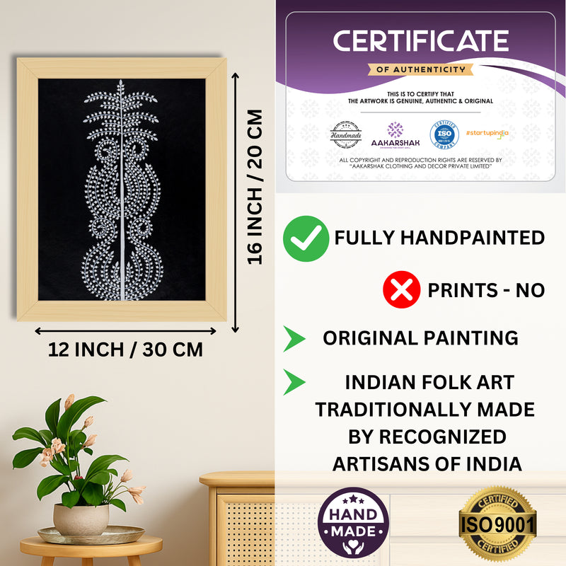 Framed artwork with dimensions, authenticity certificate and handmade iso certified-tree of life warli painting
